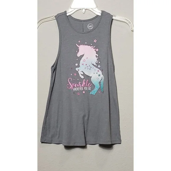 Girls Unicorn Sparkle Tank Top XL 14-16 Gray Racerback Sleeveless Shirt - Picture 2 of 8